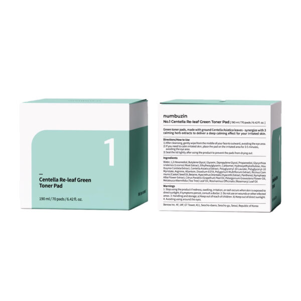 Numbuzin No.1 Centella Re-Leaf Green Toner Pad 70pads 190ml - Image 2