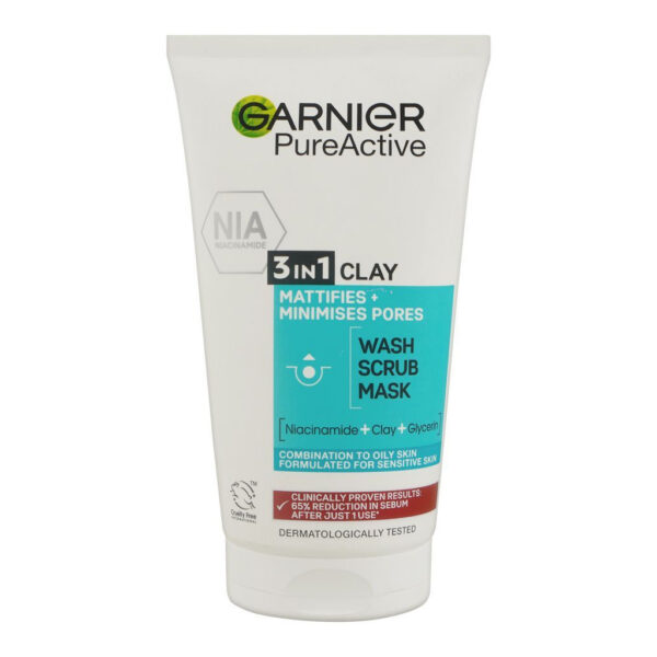 Garnier Pure Active 3in1 Clay Face Wash+Scrub+Mask, Minimizes Pores 150ml - Image 1