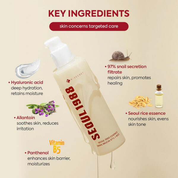 K-Secret Seoul 1988 Essence : Snail Mucin 97% + Rice 100ml - Image 3